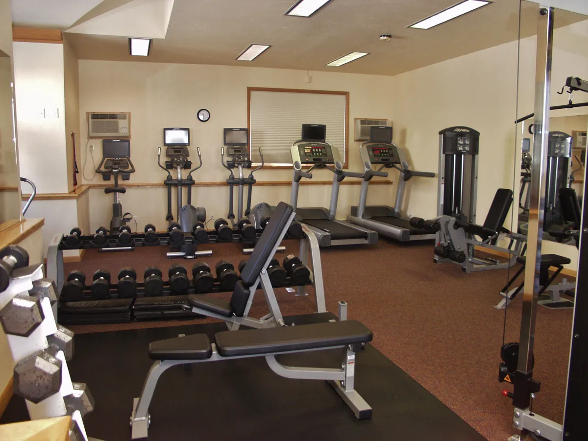 A motivational fitness center interior highlights a rack of dumbbells, treadmills, a weight bench, and a cable machine. The space is bright and encourages both solo and group workouts, reflecting a contemporary and well-equipped facility.