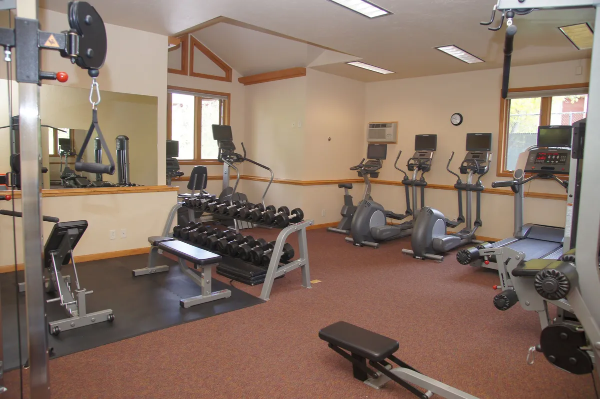 A bright, modern fitness center equipped with treadmills, bikes, a dumbbell rack, and weight benches. The space is filled with natural light and invites both solo and group workouts, aligning with the active, wellness-focused lifestyle described.